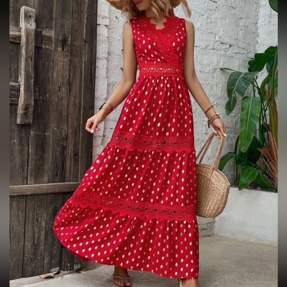 Boho Sheer Lace Panel Tiered Ruffle Red Gold Maxi Dress - Picture 4 of 8